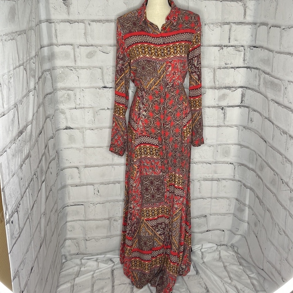 Refka Women’s Multicolored Long Sleeve Full Button Down Maxi Dress Size 8